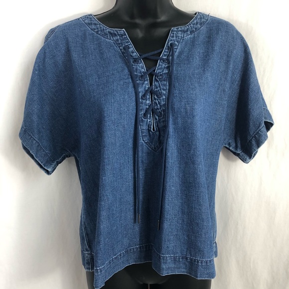 Madewell chambray lace front short sleeve top - Picture 6 of 7